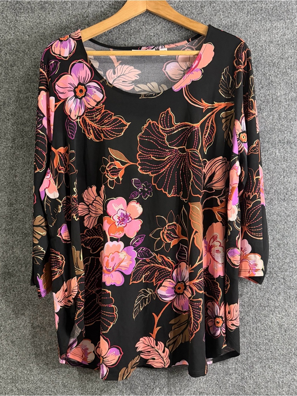 Susan Graver Womens XL Liquid Knit Black Pink Floral Scoop Neck Tunic Top